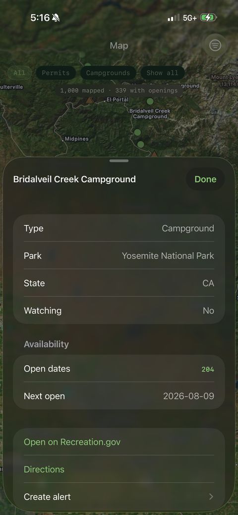 Map of the United States with green pins marking campgrounds and trailheads that have openings