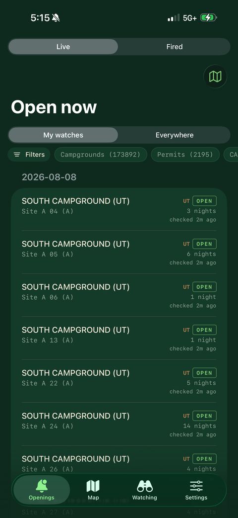 Open now list showing campsites, how many consecutive nights are available, and when each was last checked