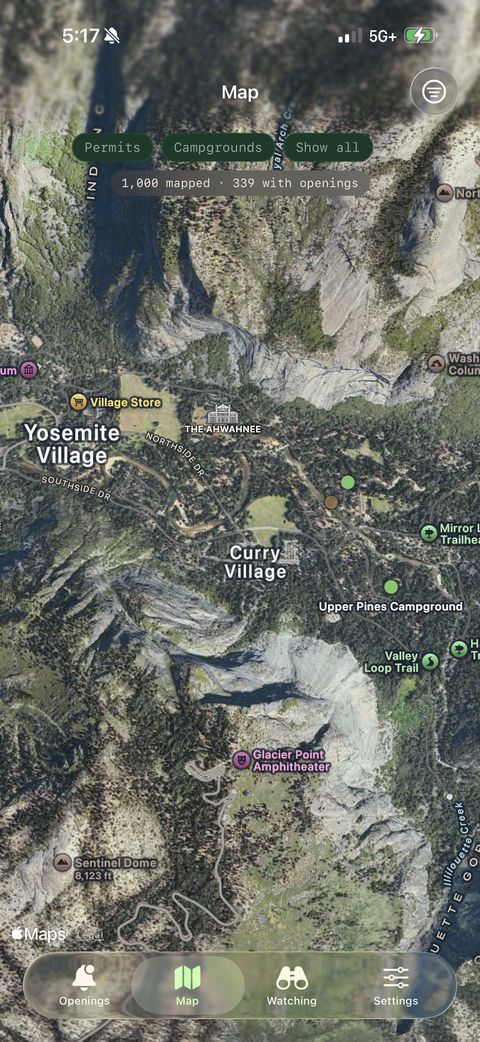 Map filtered to wilderness permits, with each trailhead pinned separately